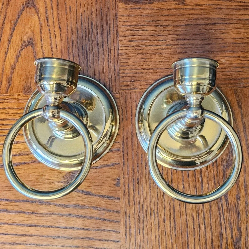 Vintage Polished Brass Ring Wall Sconce Candle Holder Pair Gold Tone Taiwan